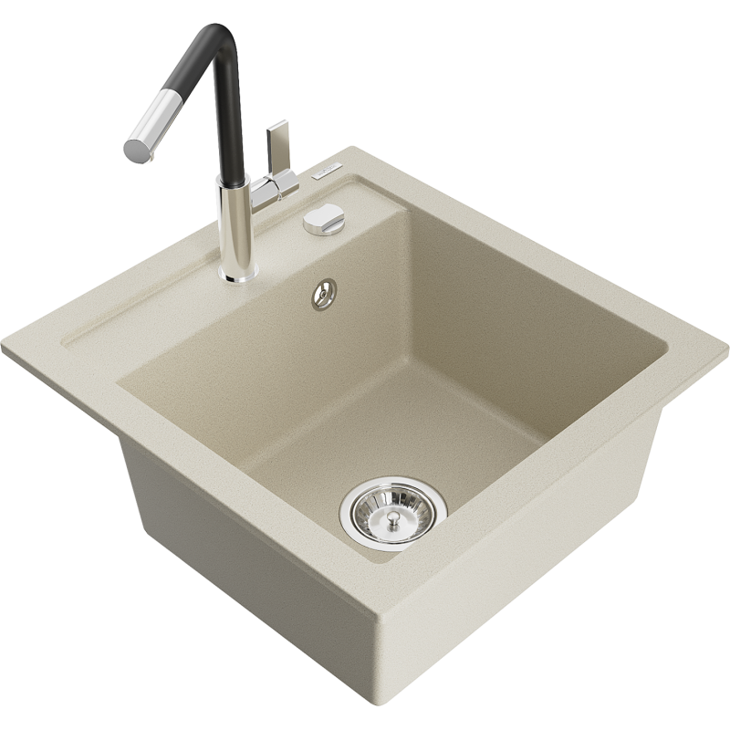 Mexen Vito évier en granit à 1 cuve avec robinet mélangeur Flora, Beige - 6503-69-670401-07