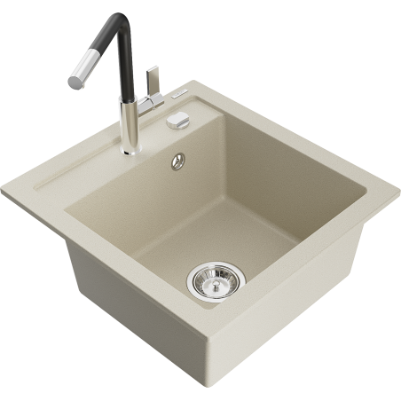 Mexen Vito évier en granit 1 bac avec robinet de cuisine Flora, beige - 6503-69-670401-07