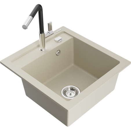 Mexen Vito évier en granit à 1 bac avec robinet de cuisine Flora, beige - 6503-69-670401-07