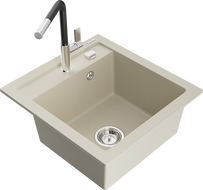 Mexen Vito évier en granit à 1 cuve avec robinet mélangeur Flora, Beige - 6503-69-670401-07