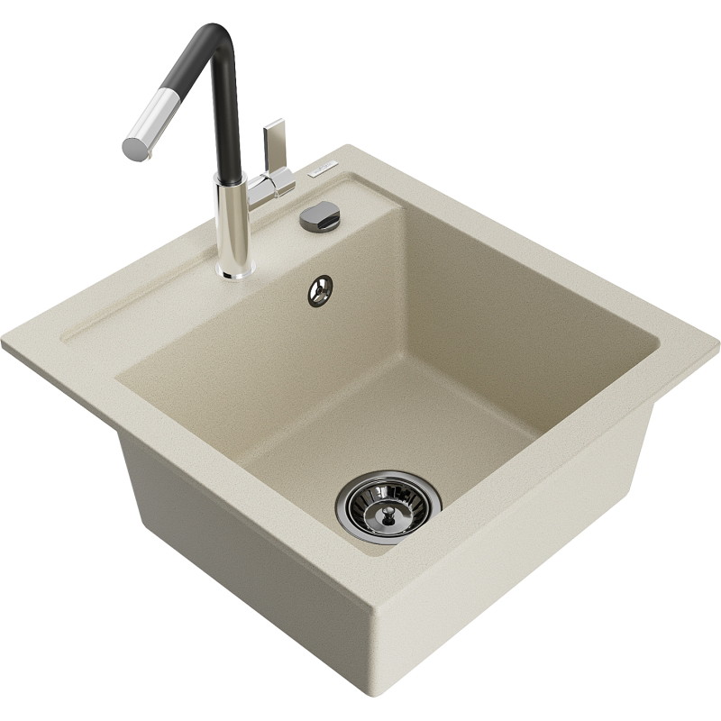 Mexen Vito évier en granit 1 bac avec robinet de cuisine Flora, beige - 6503-69-670401-07-B