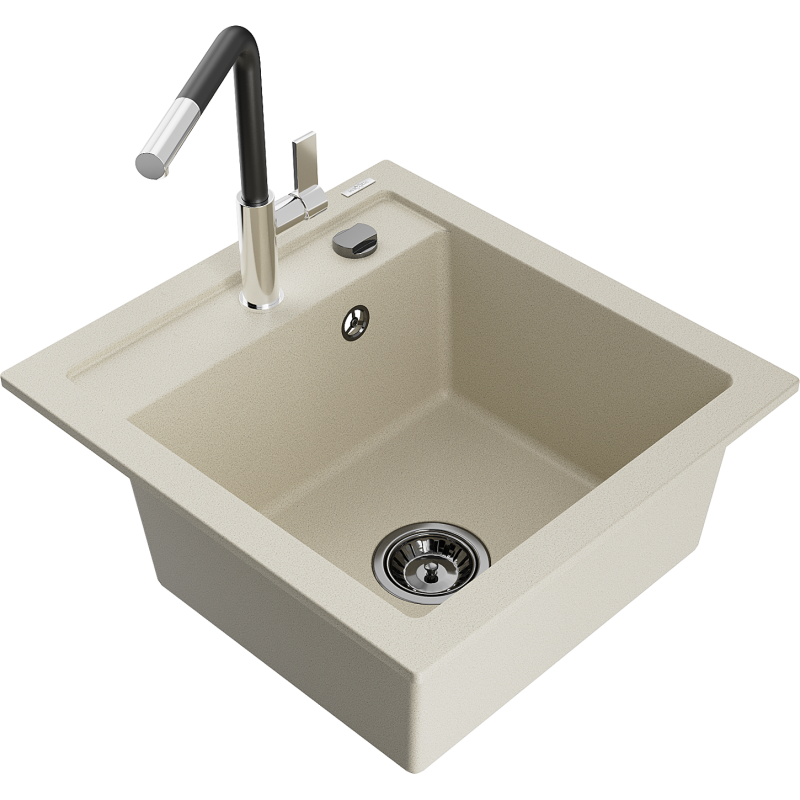 Mexen Vito évier en granit à 1 cuve avec robinet mélangeur Flora, Beige - 6503-69-670401-07-B