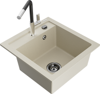 Mexen Vito évier en granit 1 bac avec robinet de cuisine Flora, beige - 6503-69-670401-07-B