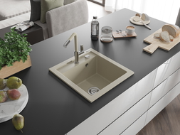 Mexen Vito évier en granit à 1 cuve avec robinet mélangeur Flora, Beige - 6503-69-670401-09