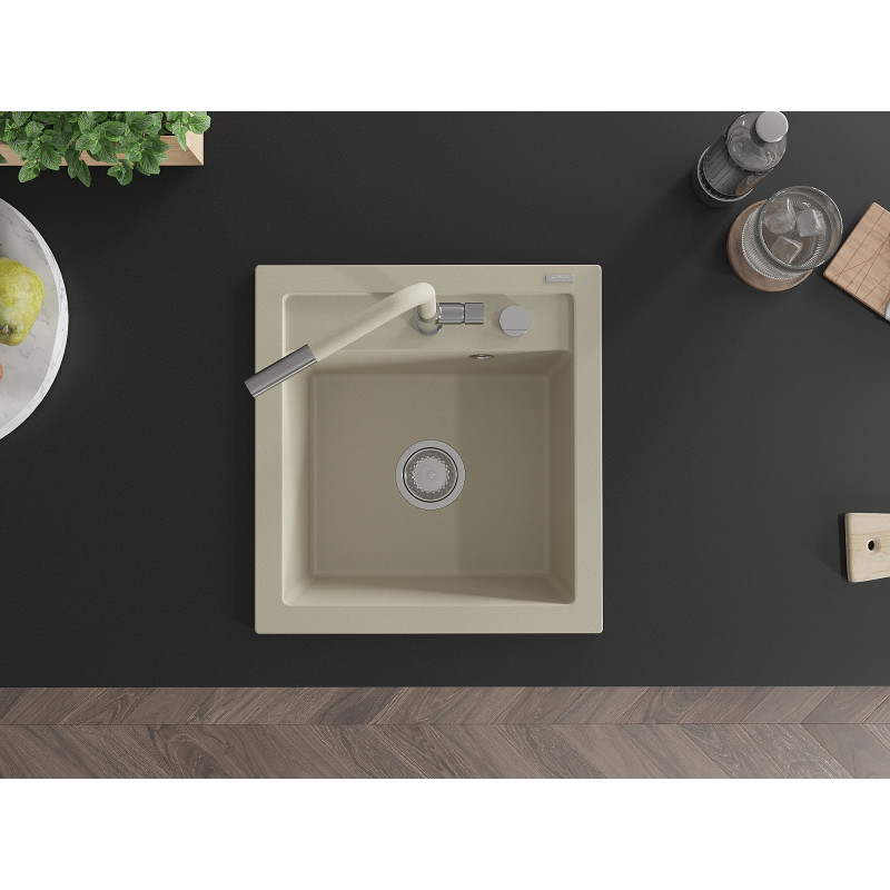 Mexen Vito évier en granit 1 bac avec robinet de cuisine Flora, beige - 6503-69-670401-09