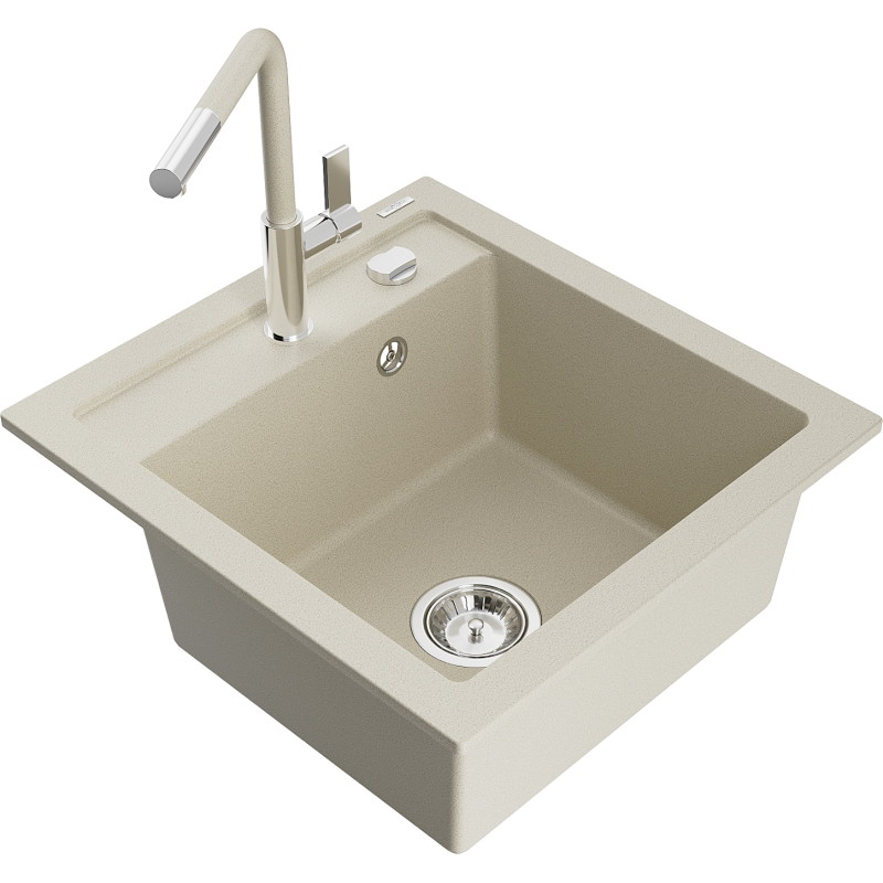 Mexen Vito évier en granit 1 bac avec mitigeur de cuisine Flora, beige - 6503-69-670401-09