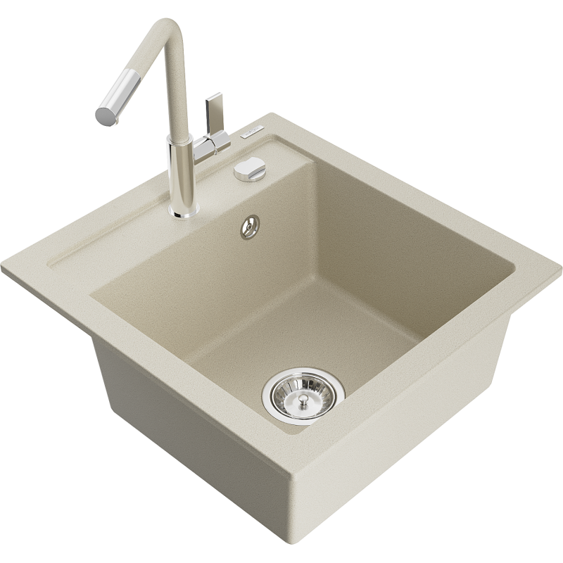 Mexen Vito évier en granit 1 bac avec robinet de cuisine Flora, beige - 6503-69-670401-09
