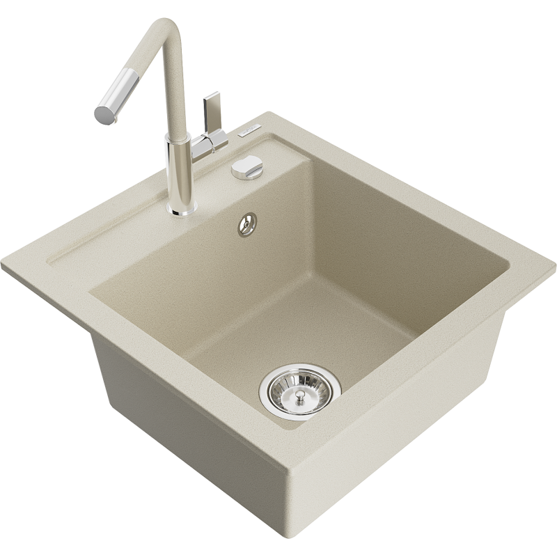 Mexen Vito évier en granit à 1 cuve avec robinet mélangeur Flora, Beige - 6503-69-670401-09