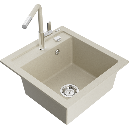Mexen Vito évier en granit 1 bac avec robinet de cuisine Flora, beige - 6503-69-670401-09