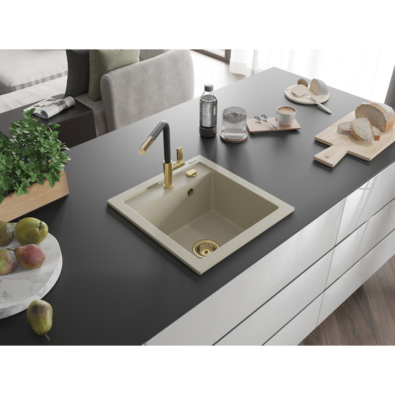 Mexen Vito évier en granit 1 bac avec robinet de cuisine Flora, beige - 6503-69-670401-57-G