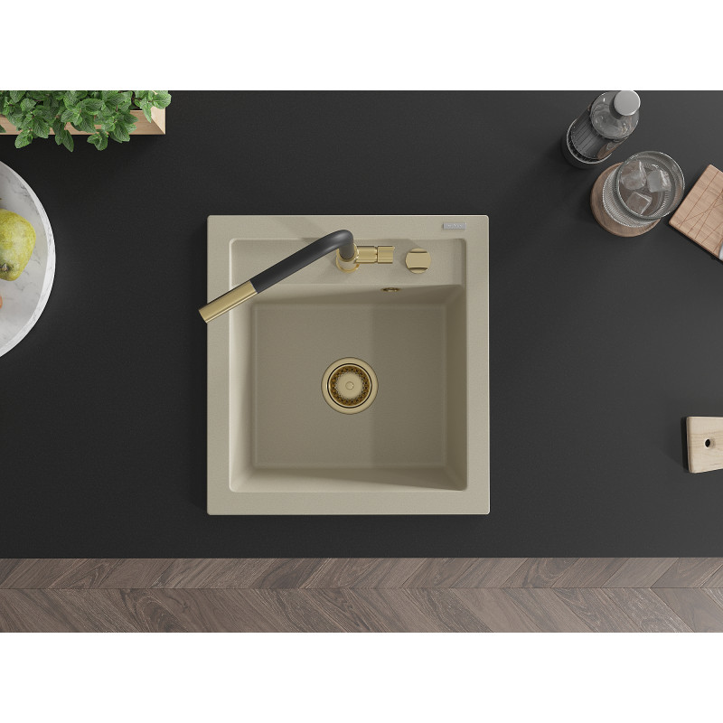 Mexen Vito évier en granit 1 bac avec robinet de cuisine Flora, beige - 6503-69-670401-57-G