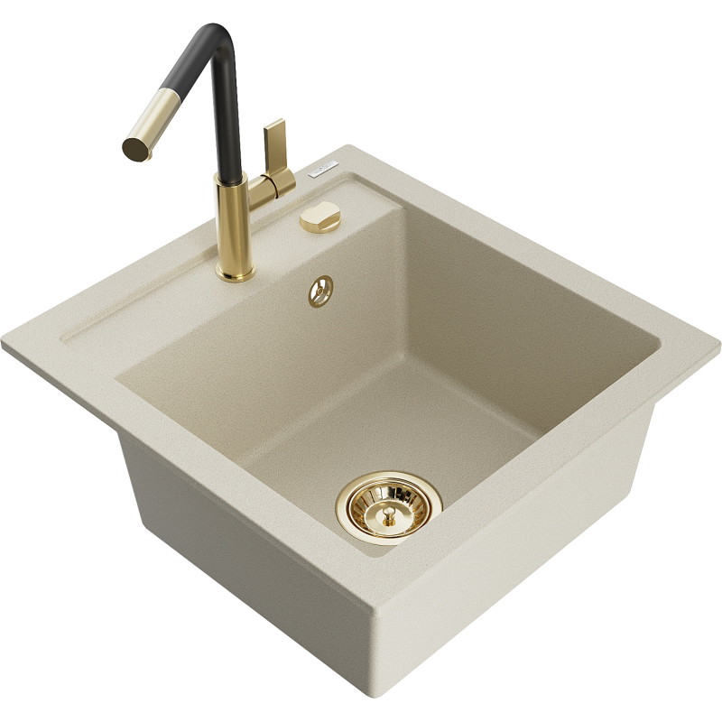 Mexen Vito évier de cuisine en granit 1 bac avec robinet Flora, beige - 6503-69-670401-57-G