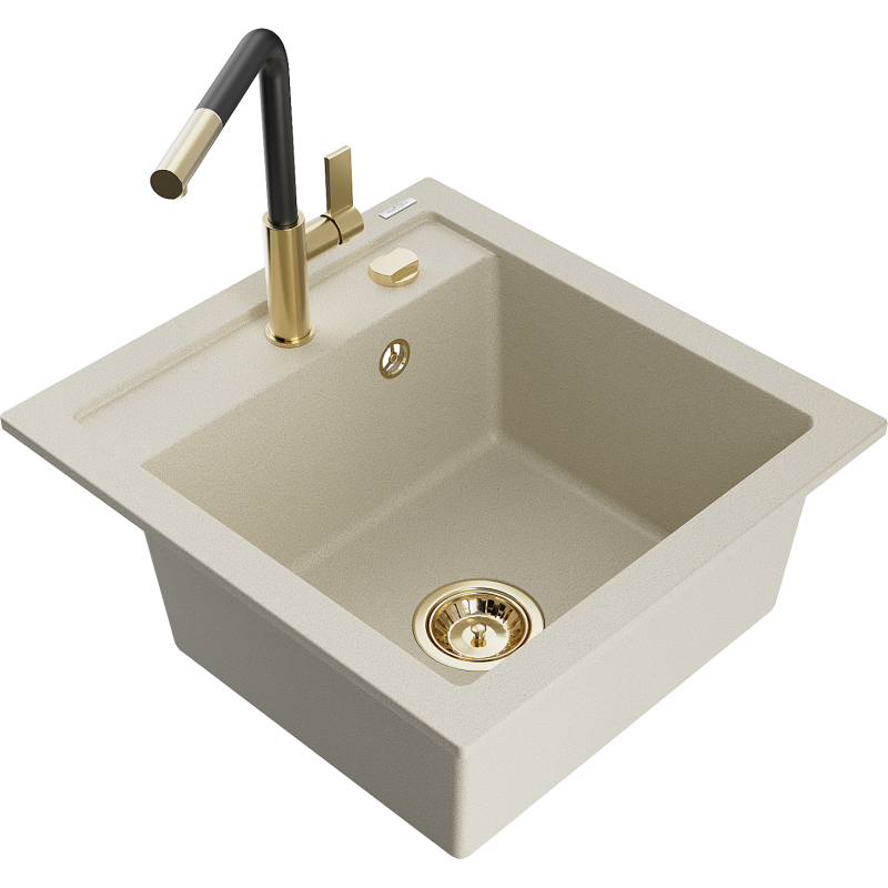 Mexen Vito évier en granit 1 bac avec robinet de cuisine Flora, beige - 6503-69-670401-57-G