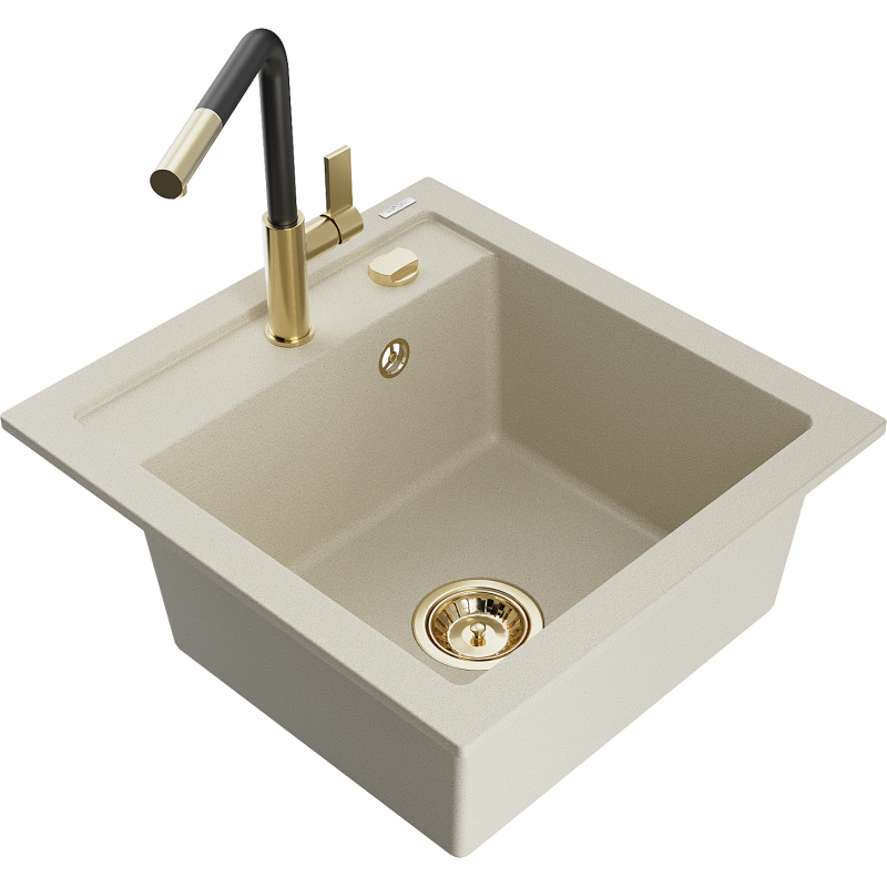 Mexen Vito évier en granit à 1 cuve avec robinet mélangeur Flora, Beige - 6503-69-670401-57-G