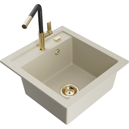 Mexen Vito évier en granit 1 bac avec robinet de cuisine Flora, beige - 6503-69-670401-57-G
