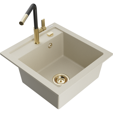 Mexen Vito évier en granit à 1 bac avec robinet de cuisine Flora, beige - 6503-69-670401-57-G