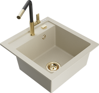 Mexen Vito évier en granit à 1 cuve avec robinet mélangeur Flora, Beige - 6503-69-670401-57-G