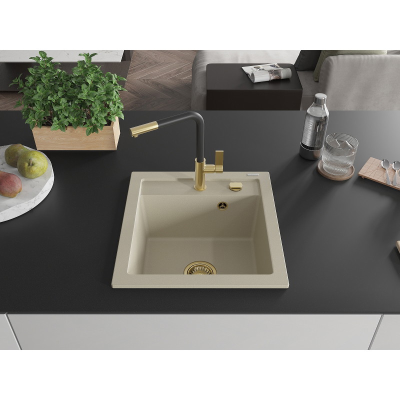 Mexen Vito évier en granit à 1 bac avec robinet de cuisine Flora, beige - 6503-69-670401-57-G
