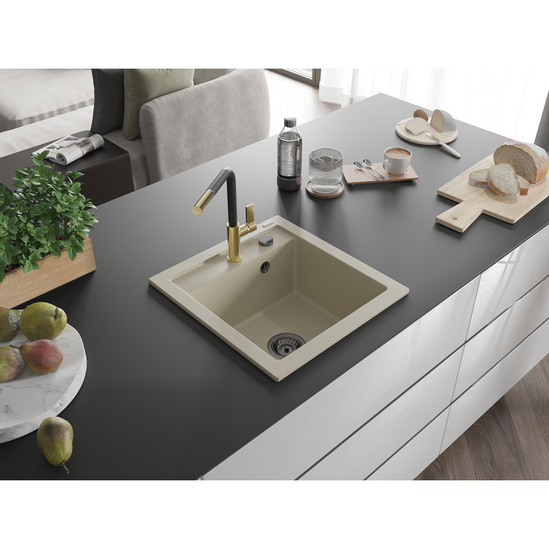 Mexen Vito évier en granit 1 bac avec mitigeur de cuisine Flora, beige - 6503-69-670401-57-B