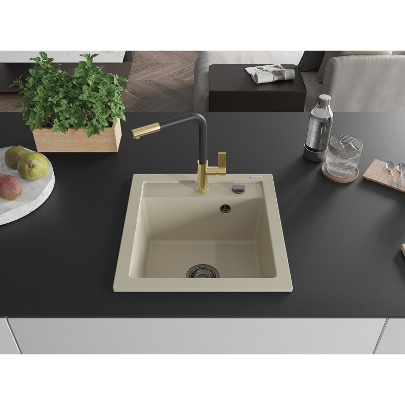Mexen Vito évier en granit 1 bac avec mitigeur de cuisine Flora, beige - 6503-69-670401-57-B