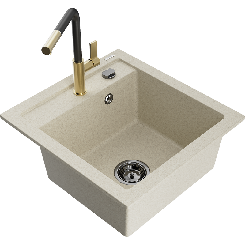 Mexen Vito évier en granit à 1 cuve avec robinet mélangeur Flora, Beige - 6503-69-670401-57-B