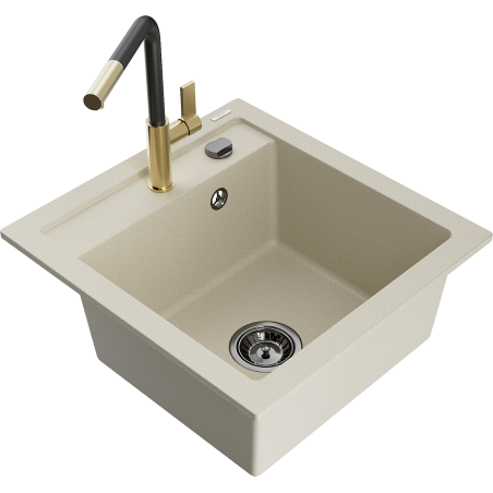 Mexen Vito évier en granit à 1 cuve avec robinet mélangeur Flora, Beige - 6503-69-670401-57-B