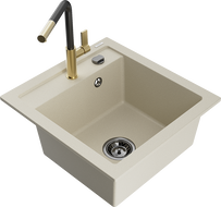 Mexen Vito évier en granit à 1 bac avec robinet de cuisine Flora, beige - 6503-69-670401-57-B
