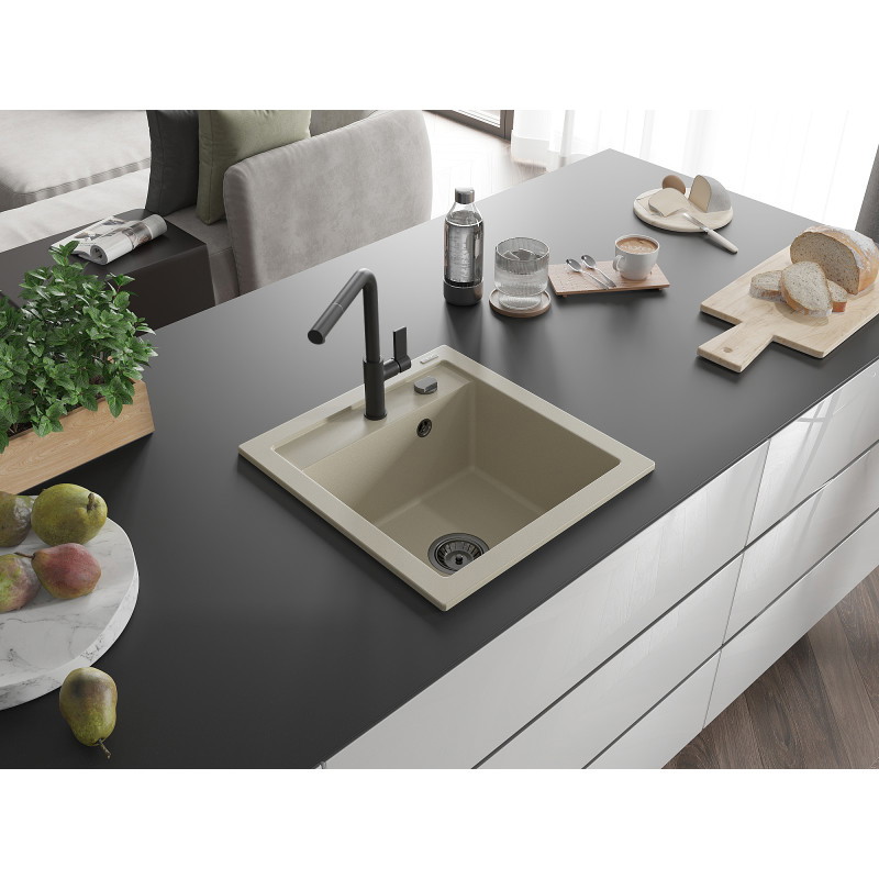 Mexen Vito évier en granit 1 bac avec robinet de cuisine Flora, beige - 6503-69-670401-70-B