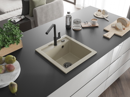 Mexen Vito évier en granit à 1 cuve avec robinet mélangeur Flora, Beige - 6503-69-670401-70-B