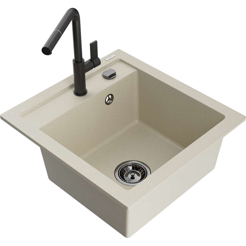 Mexen Vito évier en granit 1 bac avec robinet de cuisine Flora, beige - 6503-69-670401-70-B