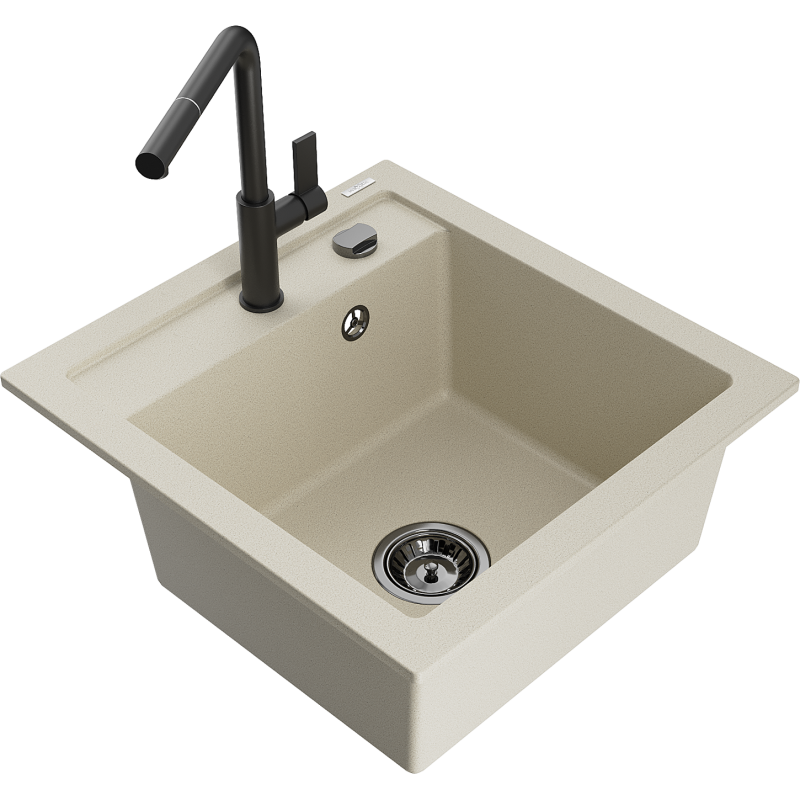 Mexen Vito évier en granit à 1 cuve avec robinet mélangeur Flora, Beige - 6503-69-670401-70-B