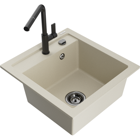 Mexen Vito évier en granit 1 bac avec robinet de cuisine Flora, beige - 6503-69-670401-70-B