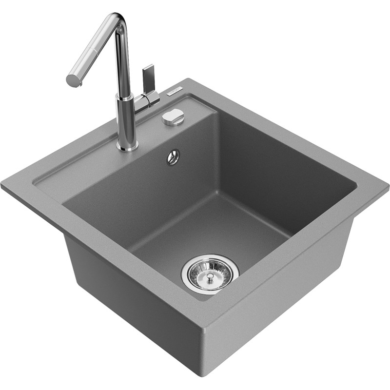 Mexen Vito évier en granit à 1 bac avec robinet de cuisine Flora, gris - 6503-71-670401-00