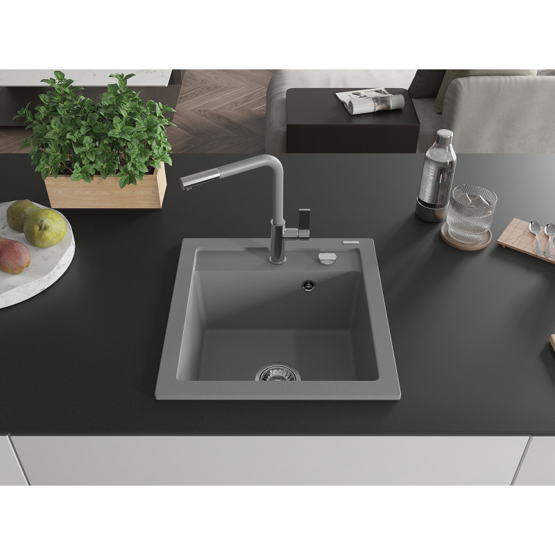 Mexen Vito évier en granit 1 bac avec robinet de cuisine Flora, gris - 6503-71-670401-06