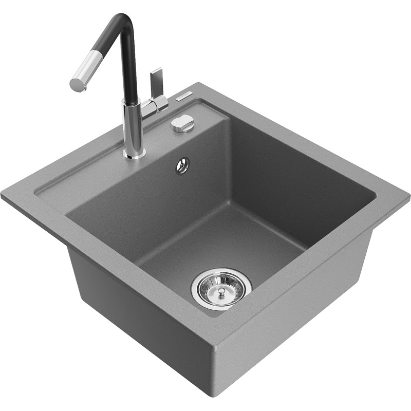 Mexen Vito évier en granit à 1 bac avec robinet de cuisine Flora, gris - 6503-71-670401-07