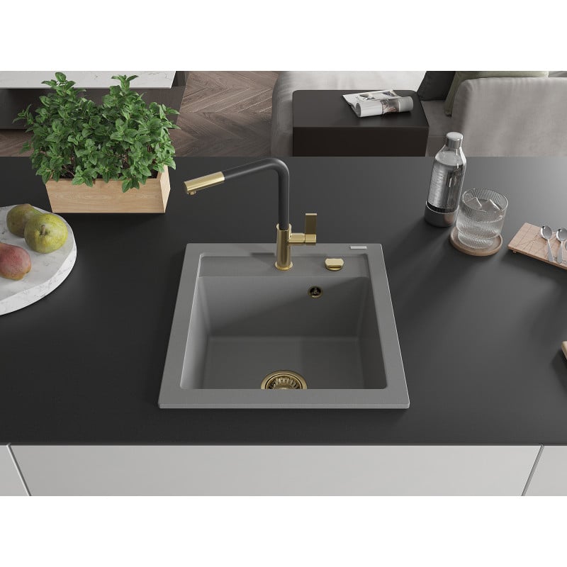 Mexen Vito évier granit 1-bac avec robinet de cuisine Flora, gris - 6503-71-670401-57-G