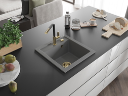 Mexen Vito évier granit 1-bac avec robinet de cuisine Flora, gris - 6503-71-670401-57-G