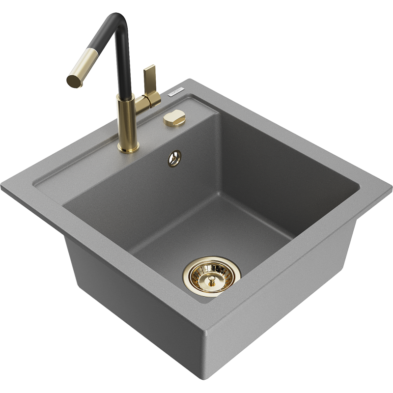Mexen Vito évier granit 1-bac avec robinet de cuisine Flora, gris - 6503-71-670401-57-G