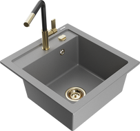 Mexen Vito évier granit 1-bac avec robinet de cuisine Flora, gris - 6503-71-670401-57-G