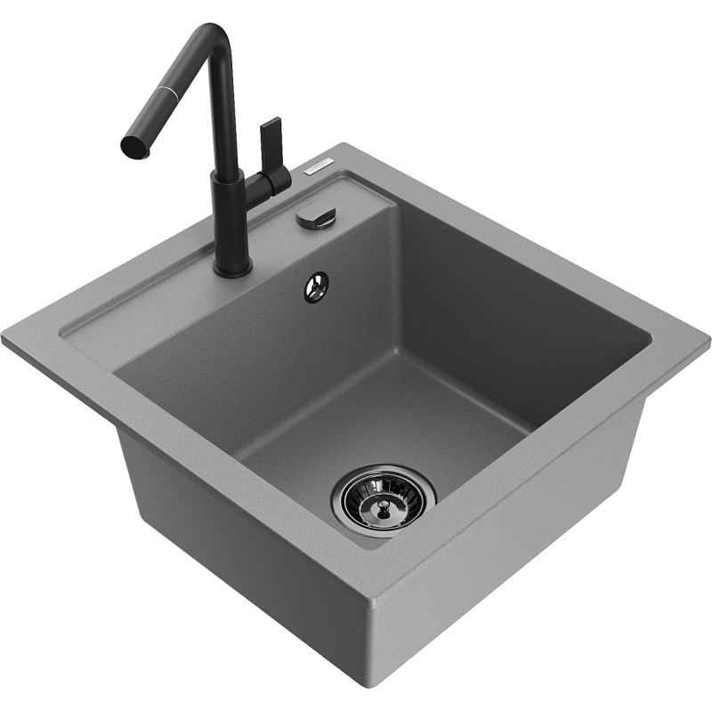 Mexen Vito Évier en granit 1 bac avec robinet de cuisine Flora, gris - 6503-71-670401-70-B