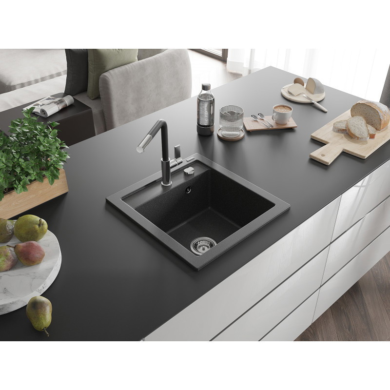 Mexen Vito évier en granit 1 bac avec robinet de cuisine Flora, noir moucheté - 6503-76-670401-07