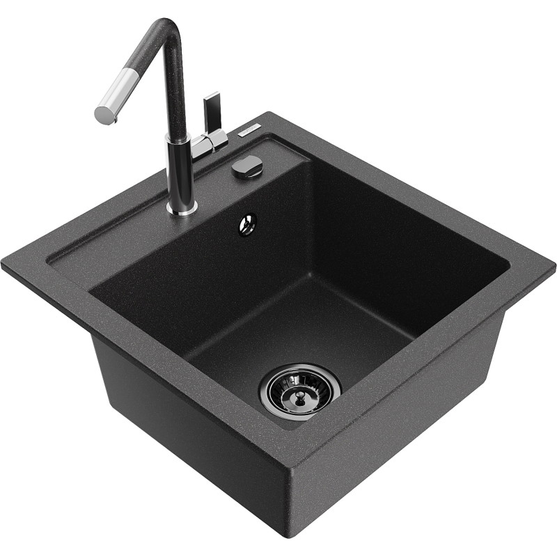Mexen Vito évier en granit 1 bac avec robinet de cuisine Flora, noir tacheté - 6503-76-670401-08-B