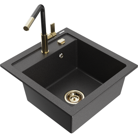 Mexen Vito Évier en granit à 1 bac avec robinet de cuisine Flora, noir moucheté - 6503-76-670401-75-G
