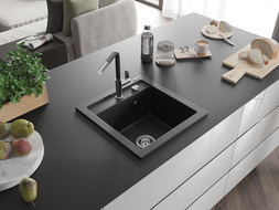 Mexen Vito évier en granit 1 bac avec robinet de cuisine Flora, noir - 6503-77-670401-07