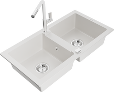 Mexen Mario évier en granit à 2 bacs avec robinet de cuisine Flora, blanc - 6504-20-670401-02