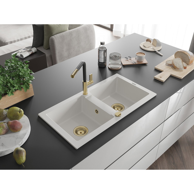 Mexen Mario évier en granit 2 bacs avec robinet de cuisine Flora, blanc - 6504-20-670401-57-G