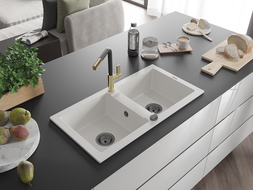 Mexen Mario évier en granit à 2 bacs avec robinet de cuisine Flora, blanc - 6504-20-670401-57-B