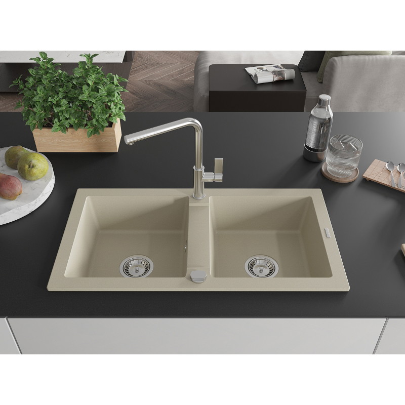 Mexen Mario évier en granit 2 bacs avec robinet de cuisine Flora, beige - 6504-69-670401-00