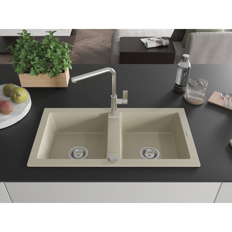 Mexen Mario évier en granit à 2 bacs avec robinet de cuisine Flora, beige - 6504-69-670401-00
