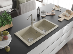 Mexen Mario évier en granit à 2 cuves avec robinet mélangeur Flora, Beige - 6504-69-670401-00